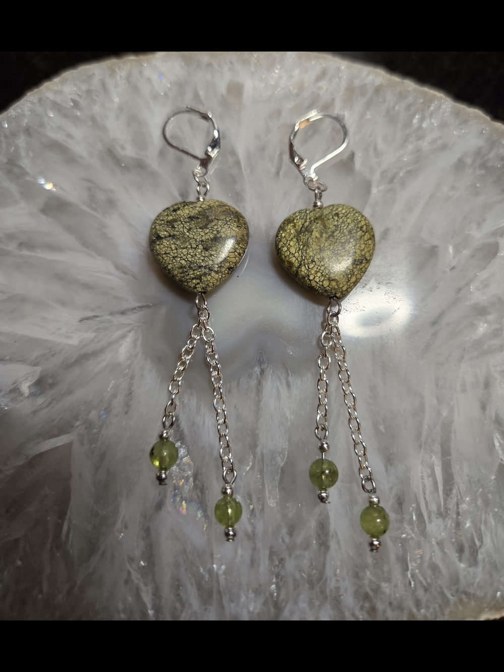 Serpentine Heart And Peridot Earrings
